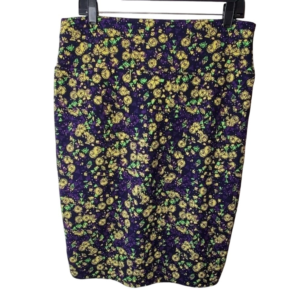 LuLaRoe Cassie Pencil Skirt XL Purple Yellow Green Geometric Floral Bodycon